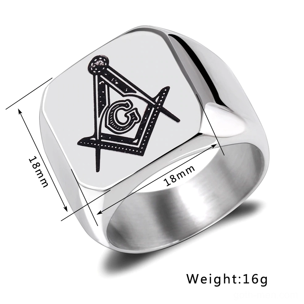 Large silver Masonic signet ring with detailed sizing specifications, 18mm width 16g weight gothic statement piece