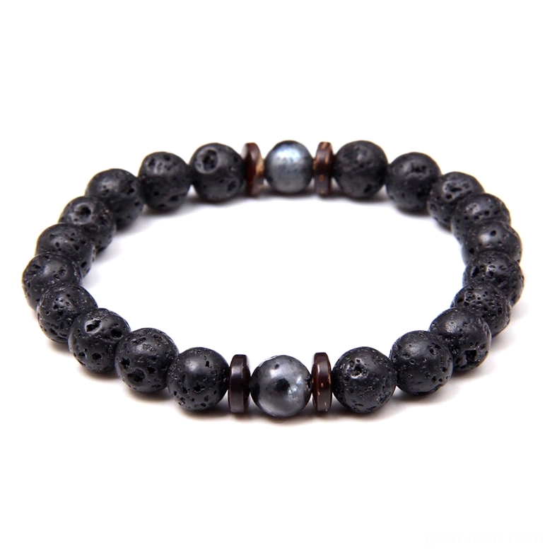 Lava stone and smooth stone bead bracelet - mixed porous and polished texture gothic bracelet