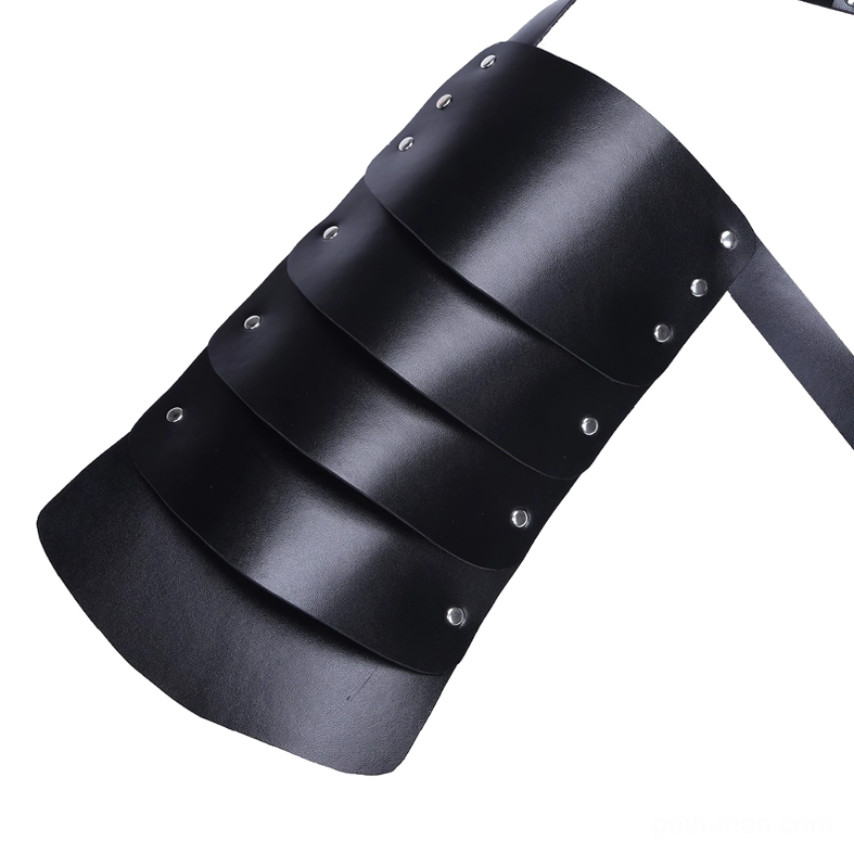 Multi-layered black faux leather shoulder armor piece with silver rivet decorations and pebbled texture detail