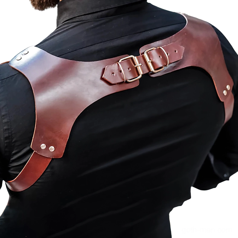 Adjustable leather back shoulder strap - rear close-up view of polished brown leather with dual metal buckles
