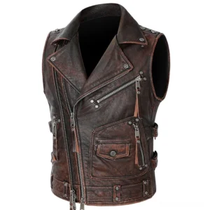 Men's distressed brown leather motorcycle sleeveless jacket front central view with metal zipper hardware