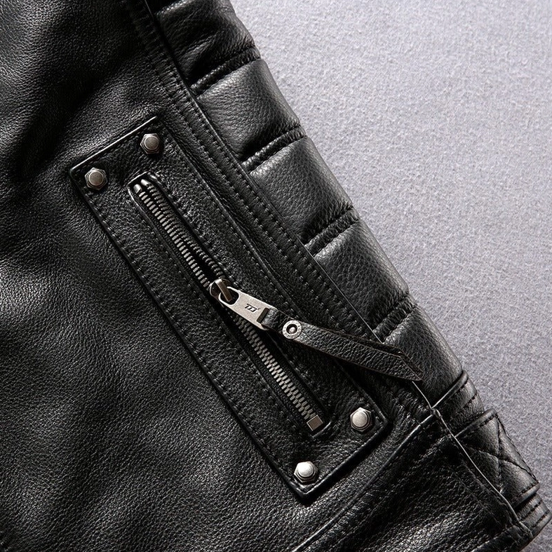 Frontal close-up of model in motorcycle biker vest showing hardware and construction details