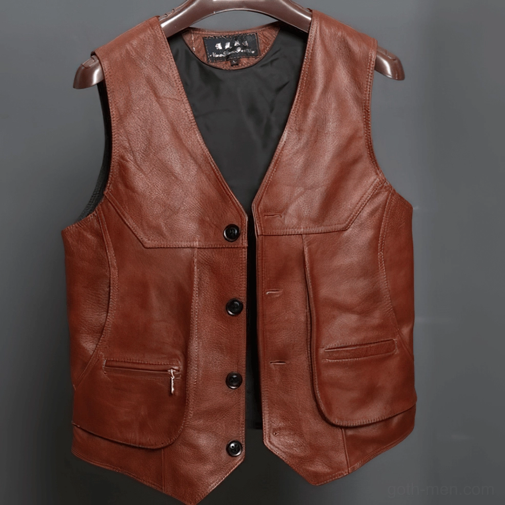 Close-up detail of brown genuine leather biker vest showing tailored seams and button closure craftsmanship