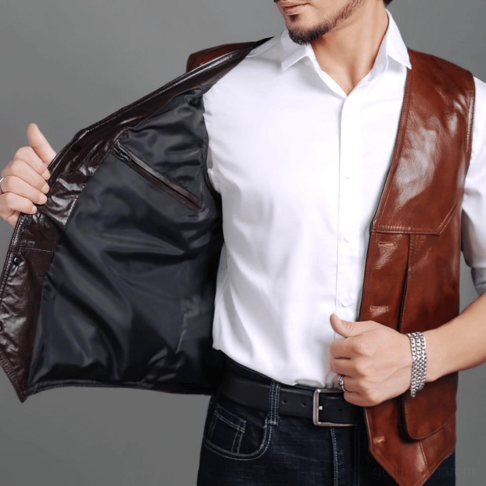 Side view of brown genuine leather biker vest worn by male model, showing black inner lining and zipper pocket detail