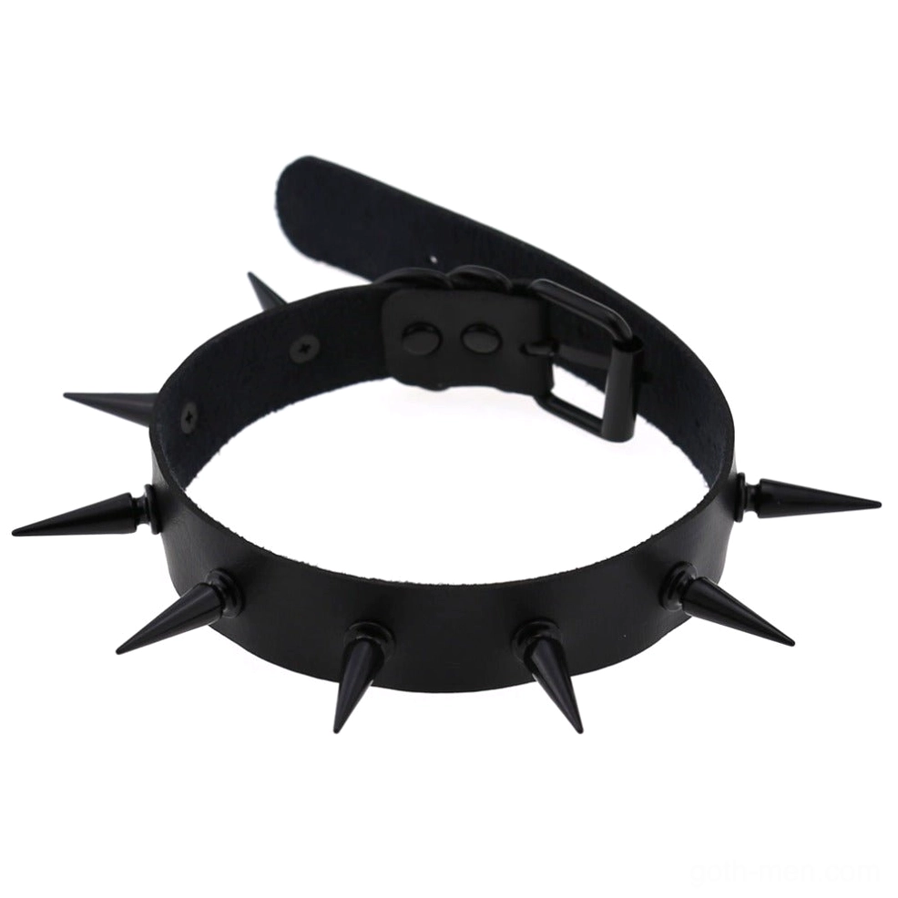 Adjustable leather choker collar with spike pattern and buckle mechanism, side profile