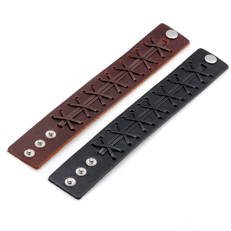 Two leather cuff bracelet straps in black and brown, flat lay display showing color options and metal snap button fittings