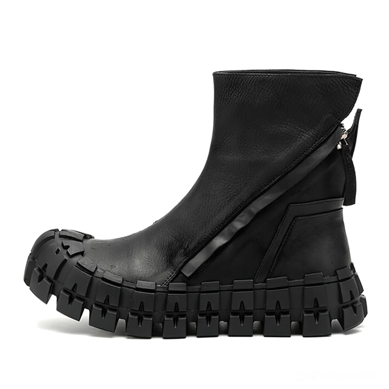 Gothic platform boot with diagonal side panel, reinforced toe cap, and thick blocky outsole for heavy-duty wear