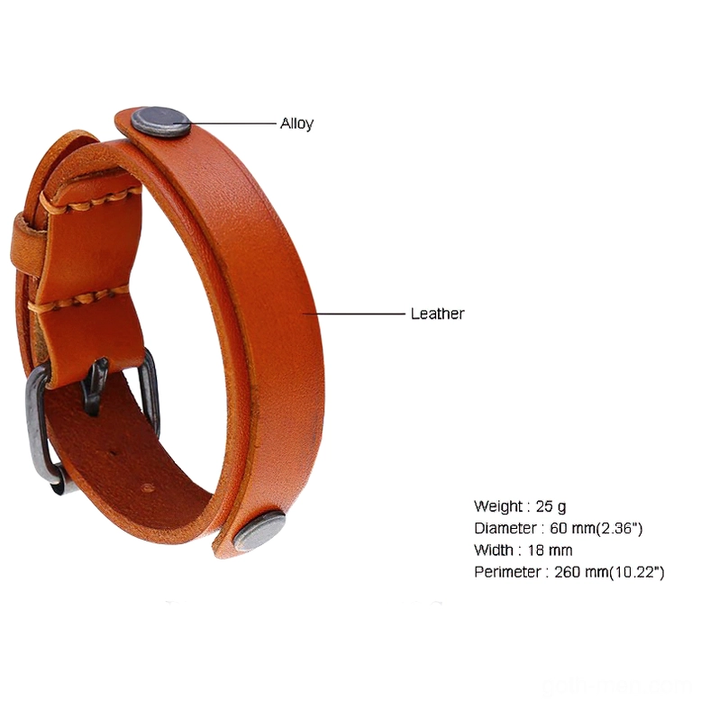 Tan leather goth cuff bracelet showing product specifications, metal hardware details, and size measurements