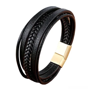 Genuine leather gothic bracelet featuring gold-tone stainless steel magnetic clasp, multi-layer construction, dark leather bands