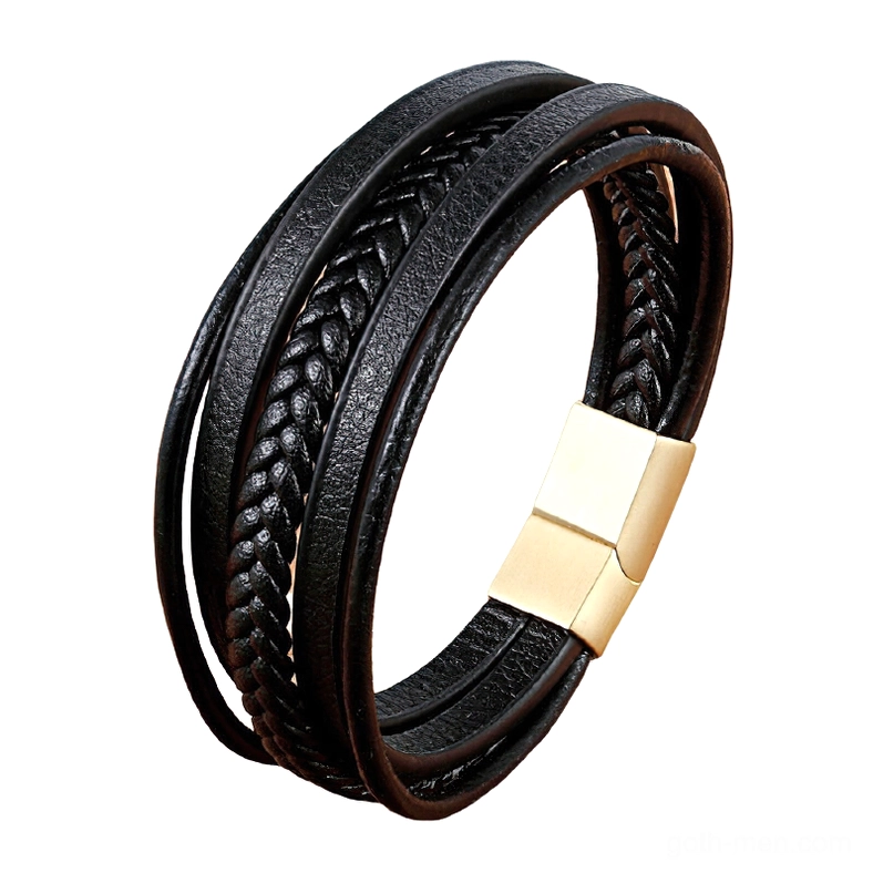 Genuine leather gothic bracelet featuring gold-tone stainless steel magnetic clasp, multi-layer construction, dark leather bands