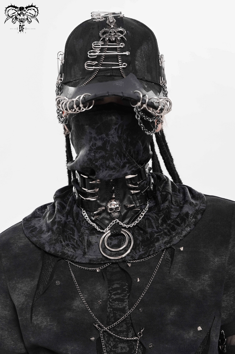 Leather harness choker with spikes and skull charm pendant, front view styling