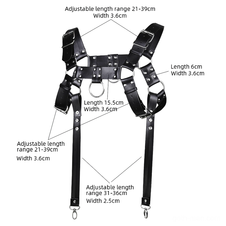 Dimension annotated black leather chest harness flat lay showing adjustable length and width specifications for gothic bondage wear