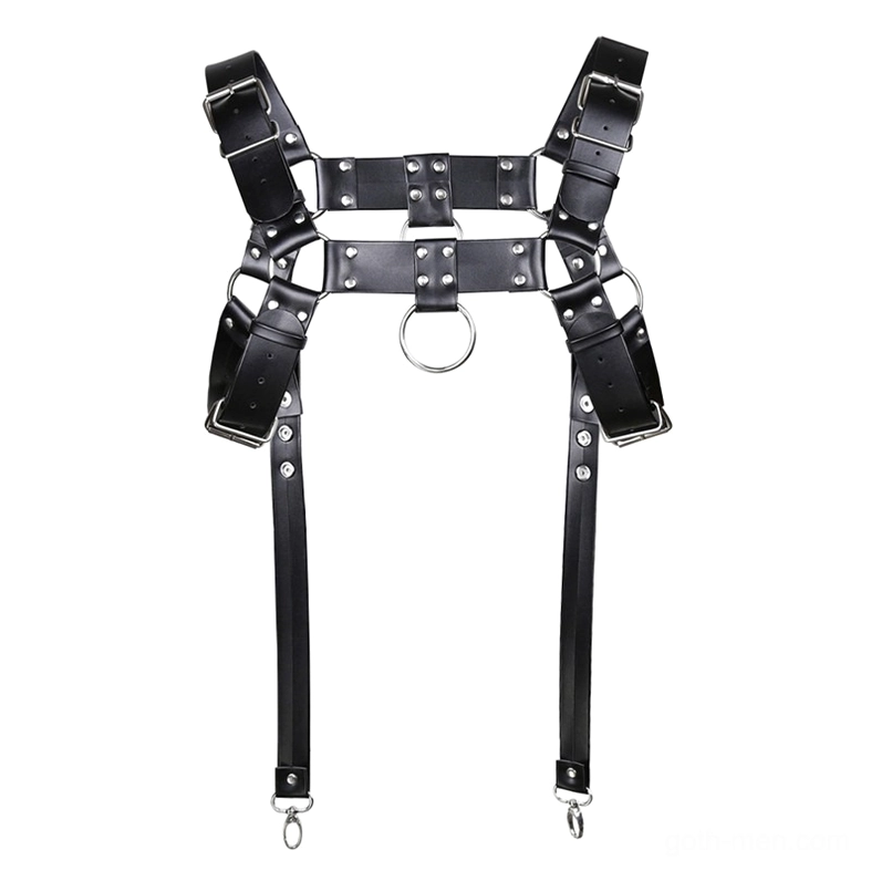 Black leather harness with metal rivets, central O-ring attachment point and bottom hook straps, goth punk alternative fashion