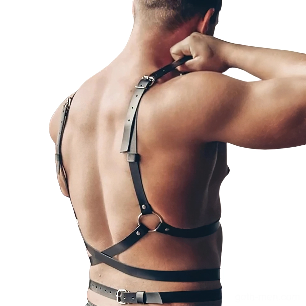 Side perspective of gothic leather chest harness showing adjustable O-ring strap and waist buckle configuration
