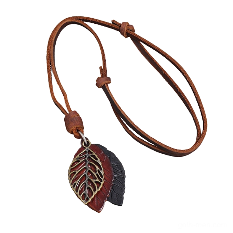 Leather leaf pendant gothic necklace with orange leaf pendant and bronze vein details worn on brown cowhide cord - side angle