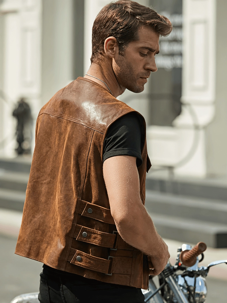 Men's leather motorcycle vest worn styling guide showing versatile gothic outfit coordination and fit demonstration