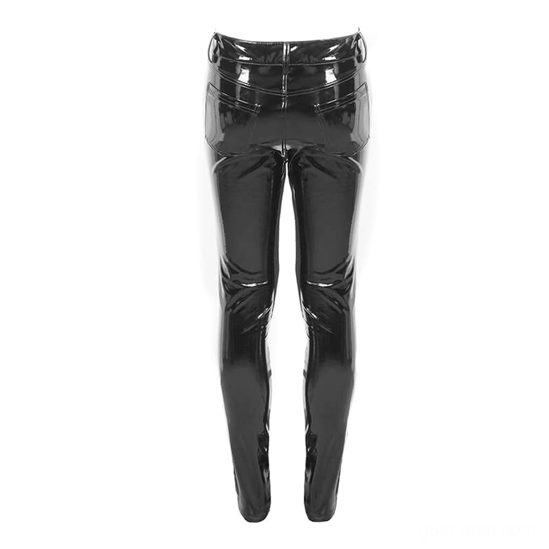 Black patent leather pants rear waistband detail showing glossy PU finish and seam construction