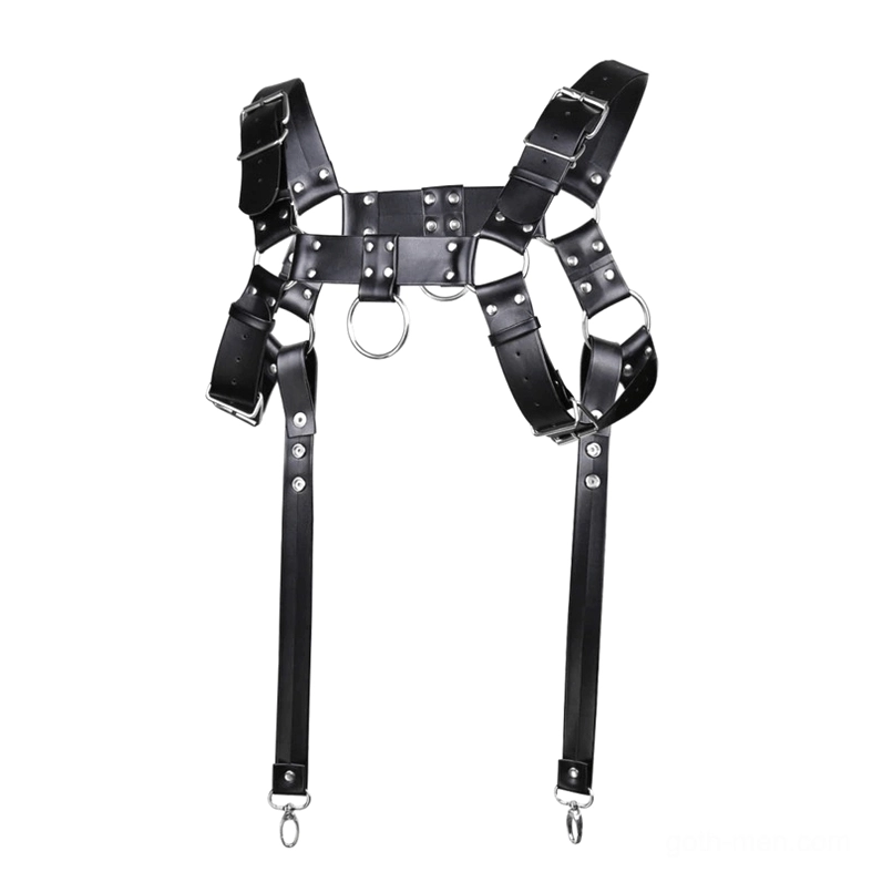 Black PU leather metal rivet chest harness flat lay front view with adjustable straps and dual center rings, gothic bondage suspenders for men