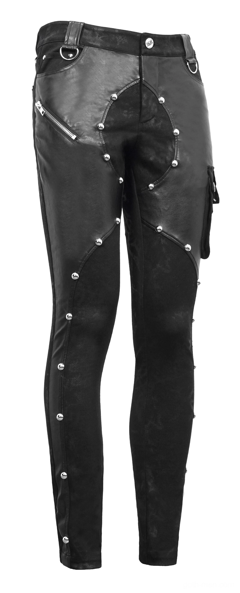 Black gothic leather pants side front flat lay - curved leather panel with metal rivet trim and cargo pocket