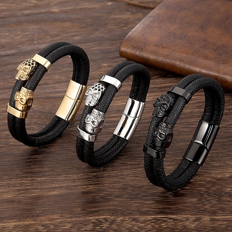 Genuine leather double-layer construction of magnetic skull bracelet showing quality craftsmanship and rope chain design