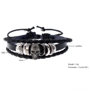 Handwoven leather skull bracelet with specifications showing 10g weight and 17cm adjustable length, studio product shot