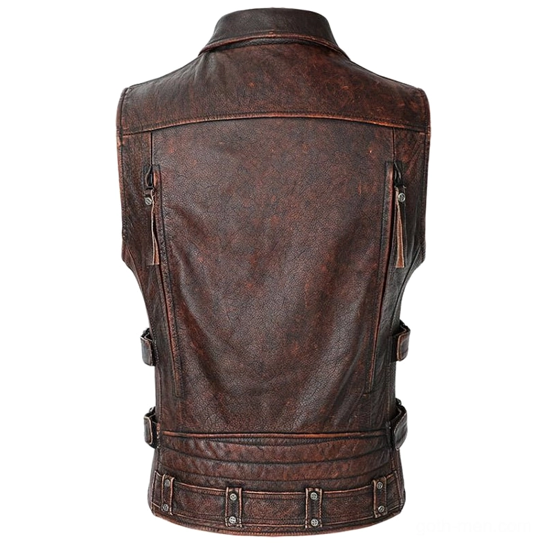 Leather biker vest rear view displaying adjustable waist buckles and vintage brown distressed finish