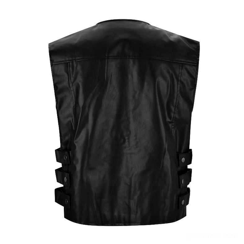 Black leather men's motorcycle vest rear flat lay showing matte finish texture and adjustable side straps with buckles
