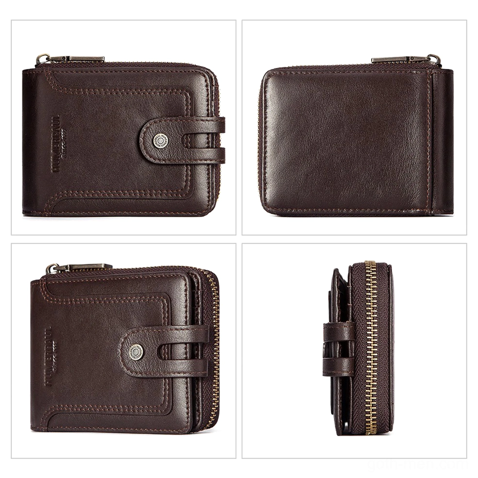 Genuine leather short wallet showing quality craftsmanship metal buckle and zipper closure mechanism