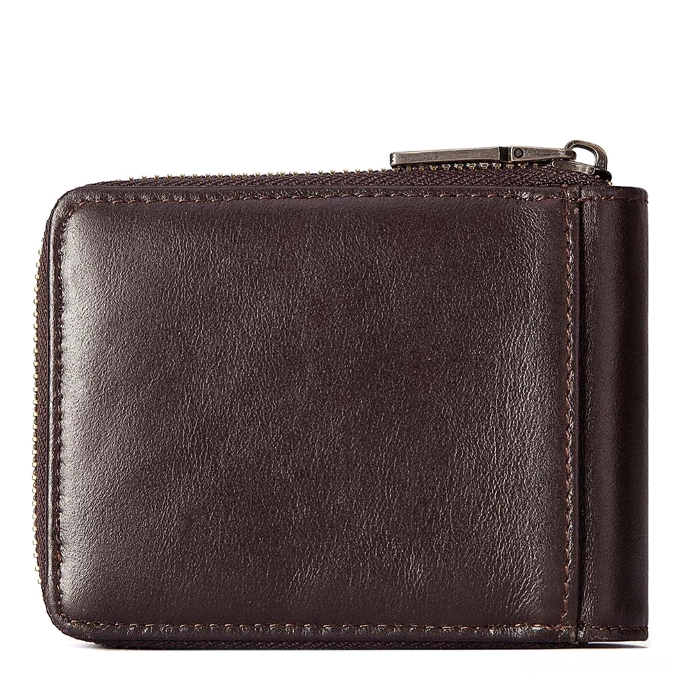Coffee brown leather wallet side profile view showing metal zipper head and smooth leather texture