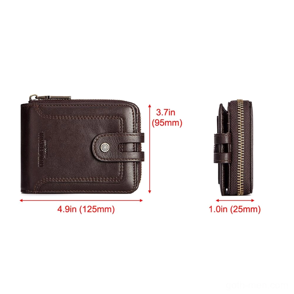 Brown leather men's wallet dimensions and size specifications, 125x95x25mm compact gothic wallet