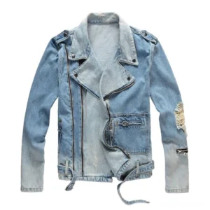Light blue faded gothic denim biker jacket flat lay front view with distressed rips and sleeve zippers - alternative fashion
