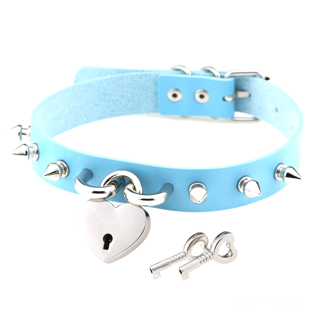 Light blue gothic spike choker necklace with heart lock pendant and matching silver key