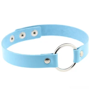 Light blue gothic leather choker featuring zinc alloy O-ring hardware, adjustable fit, studio white background
