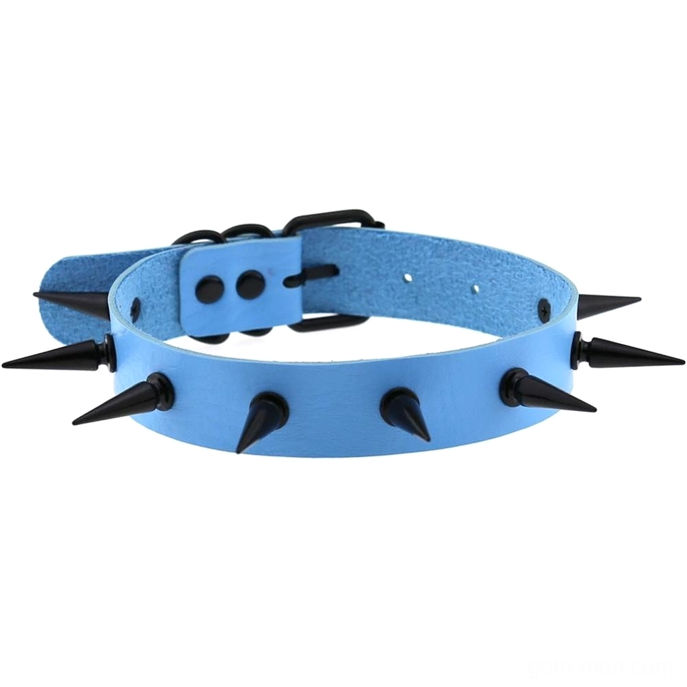 Light blue leather spiked choker with geometric spike array, gothic collar design