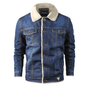 Light blue men's gothic denim jacket, full front studio shot, metal snap button placket, dual chest pockets with shearling trim detail