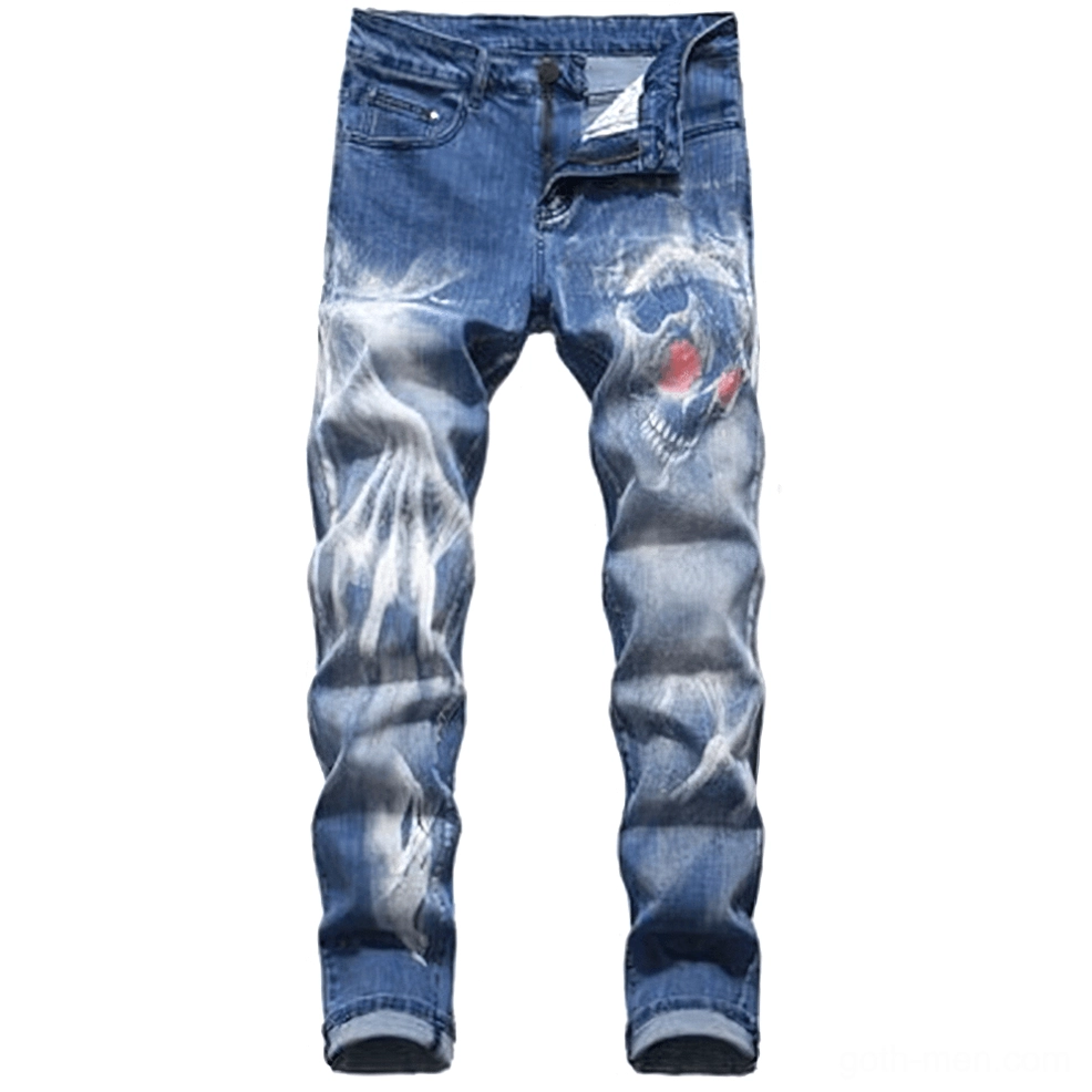 Light blue faded gothic skull jeans with red accent 3D prints - front view flat lay