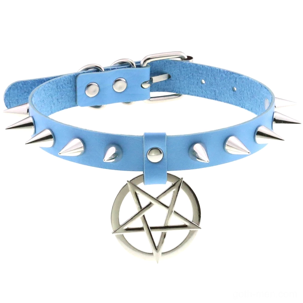 Light blue spiked leather choker with pentagram pendant, unisex gothic accessory