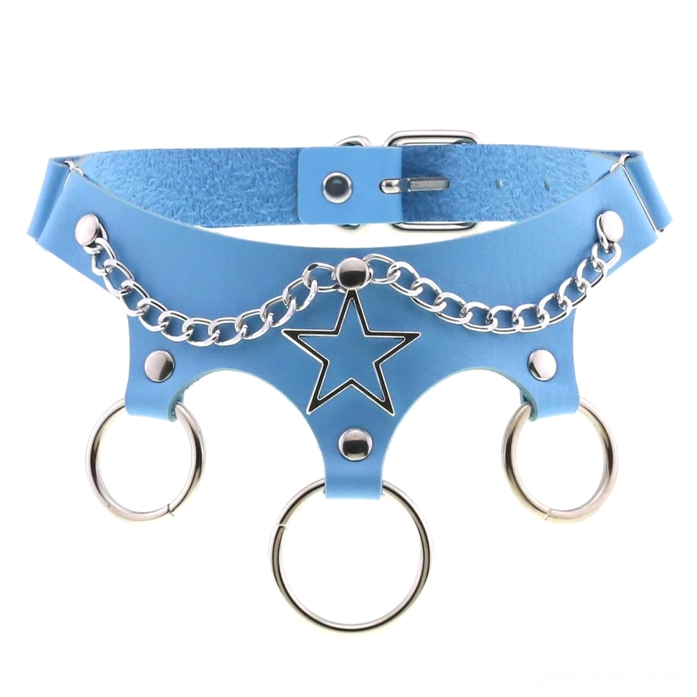 Light blue leather star choker with chain and metal star embellishment