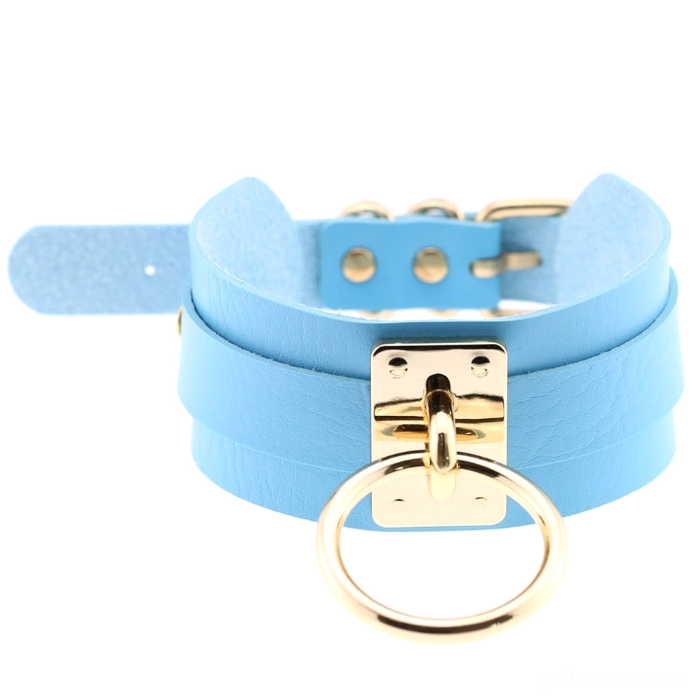 Baby light blue pale PU leather bondage choker with double-layered straps and adjustable closure
