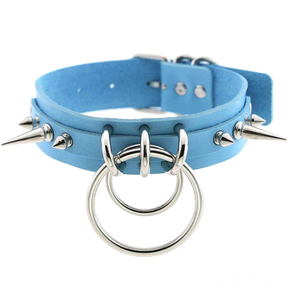 Light blue spiked gothic choker PU leather with dual O-rings and adjustable fit