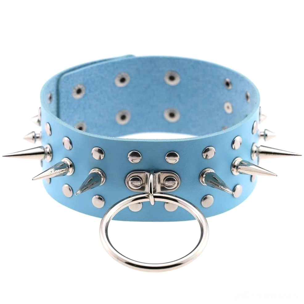 Light blue oversized spiked choker collar with metal hardware on white background