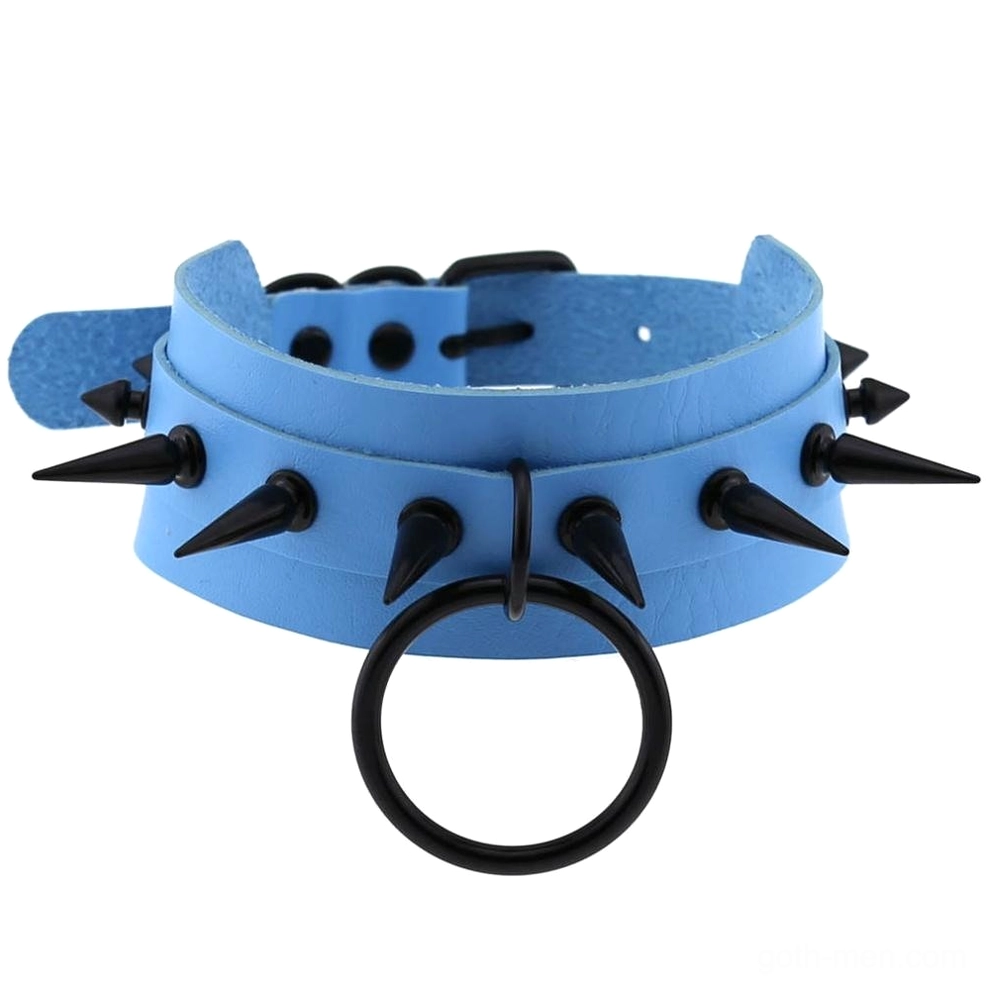 Light blue studded leather choker with black spike studs and adjustable strap - goth accessory