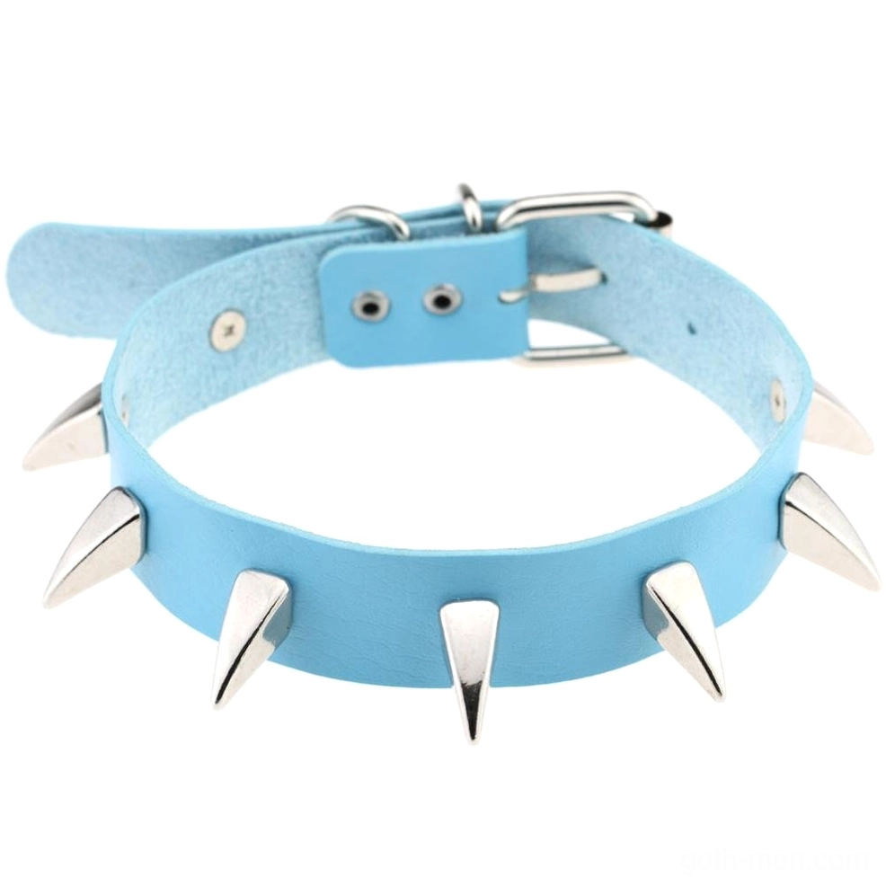 Light blue spiked leather gothic choker with smooth finish and silver rivets