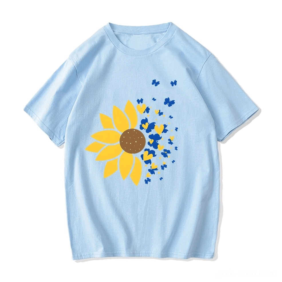 Light blue oversized sunflower print t-shirt with decorative patterns, goth casual wear