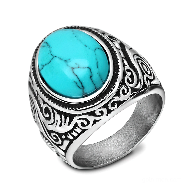 Light blue turquoise cracked stone gothic ring stainless steel with ornate engraving, three-quarter view showing stone setting