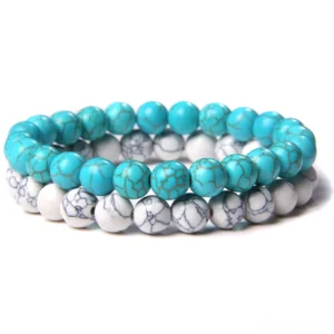 Light blue turquoise howlite beaded bracelet with double strand design, unisex gothic jewelry