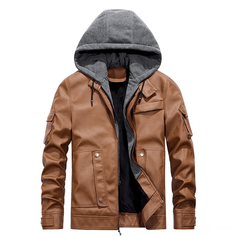 Light brown gothic PU jacket with hood unzipped, exposed fleece lining and utility sleeve pocket