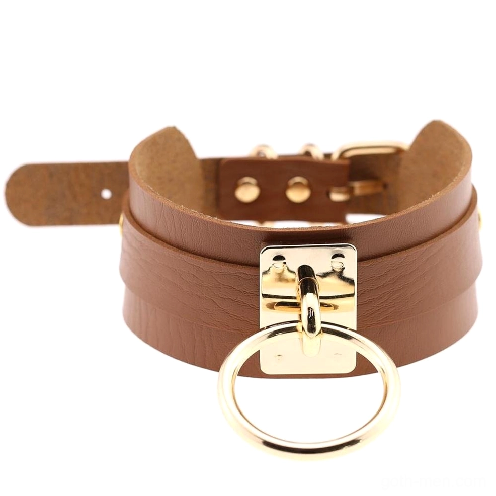 Light brown tan PU leather bondage choker with warm leather texture and gold tone hardware detail