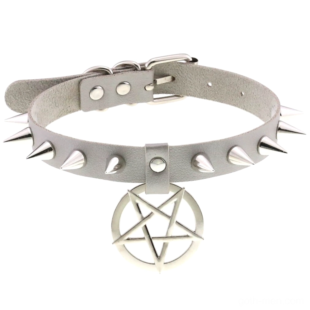 Light gray leather spiked choker with silver pentagram and metal spike accents