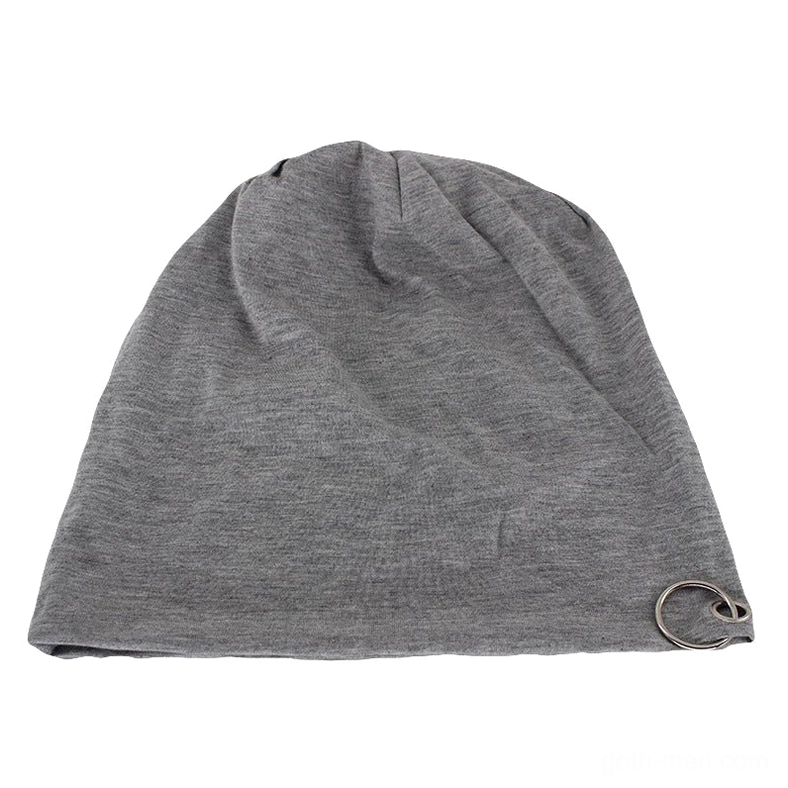 Light gray metal hoop gothic beanie front view, goth winter slouch hat